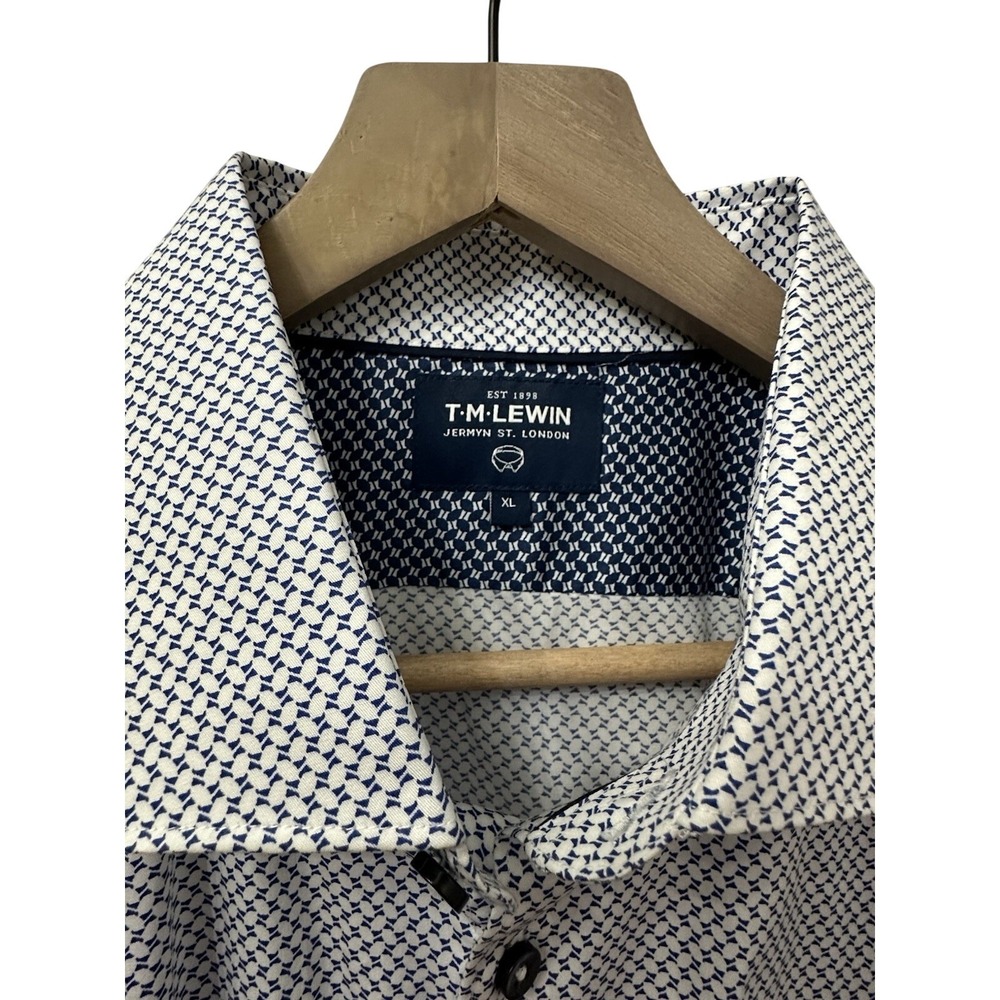 TM Lewin Button Down Shirt XL White Navy Geometric Print Long Sleeve Career‎